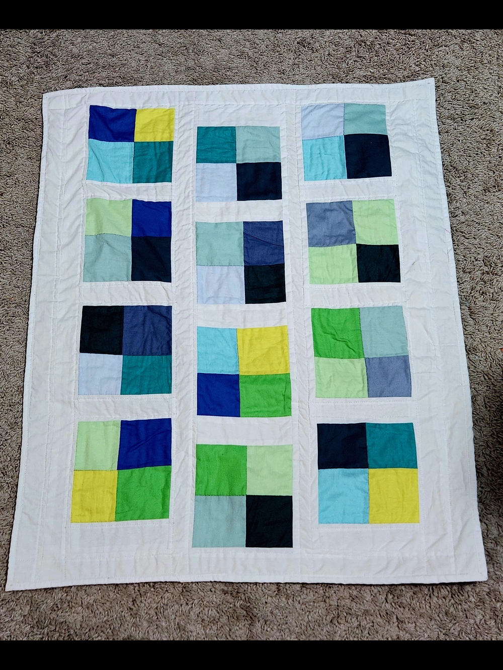 Cotton/Minky Patchwork Quilt - Blue, Green & Yellow Blocks